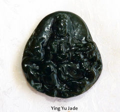 Deep Green Almost Black Large Buddha "Guan Yin" Chinese Jade Pendant (P656)
