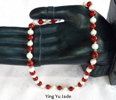 Red Jade and Lustrous Pearls Necklace + Pearl Earrings