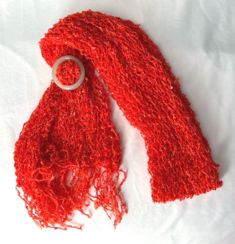 Sale-Hand Knit Red Scarf with Jade Bangle Scarf Ring.