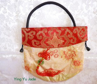 2055 7-15-2020 Red and Gold Chinese Silk Purse with Red Knot and Jade "Bi" Accent