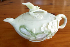 "Flower and Bird" Carved Jade Teapot Set-Vintage, Rare and Exquisite - [TEA-3]