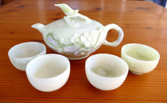 "Flower and Bird" Carved Jade Teapot Set-Vintage, Rare and Exquisite - [TEA-3]