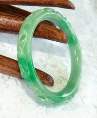 Estate Pre-Owned Carved Lucky Coins, Peach, Bird, Lingzhi and More Jadeite Jade Bangle 53.5mm (TI-1292-8