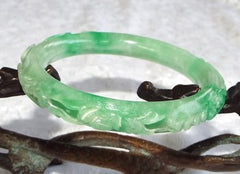 Estate Pre-Owned Carved Lucky Coins, Peach, Bird, Lingzhi and More Jadeite Jade Bangle 53.5mm (TI-1292-8