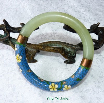 Vintage Pre-Owned Chinese Jade and Blue Cloisonne with Flowers Bangle Bracelet 65mm (TI-1307)