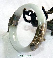 Sale-"Yin" Pale Green Almost White Burmese Jadeite Bangle Bracelet with Hinge 54 mm (TI1320)
