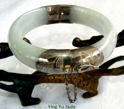 Sale-"Yin" Pale Green Almost White Burmese Jadeite Bangle Bracelet with Hinge 54 mm (TI1320)
