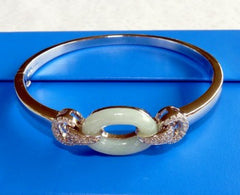 Ying Yu's Jewelry Box: Jade and Sterling Silver with CZ Stones Oval Bracelet with Hinge (YYBOX-JYY)